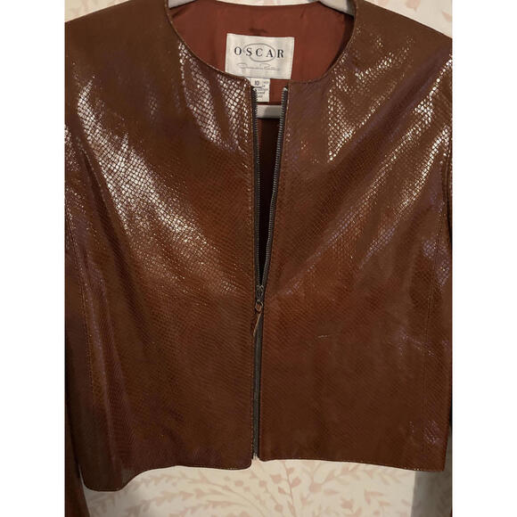 Oscar de la Renta Brown Exotic Leather Zip-Up Jacket Size 10 - Picture 2 of 6